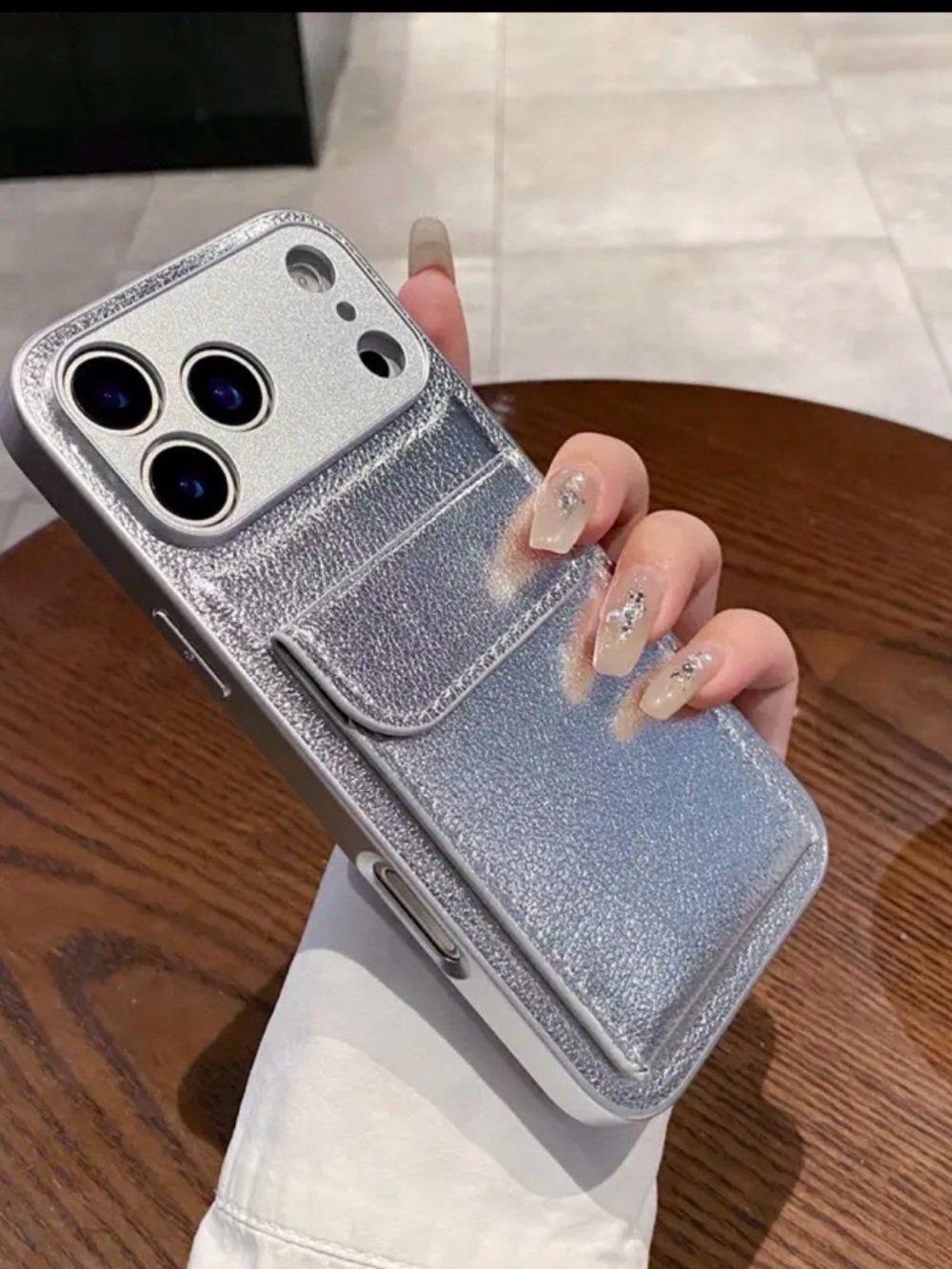 Iphone 17 Pro Max silver tone faux leather with wallet attachment, NEW